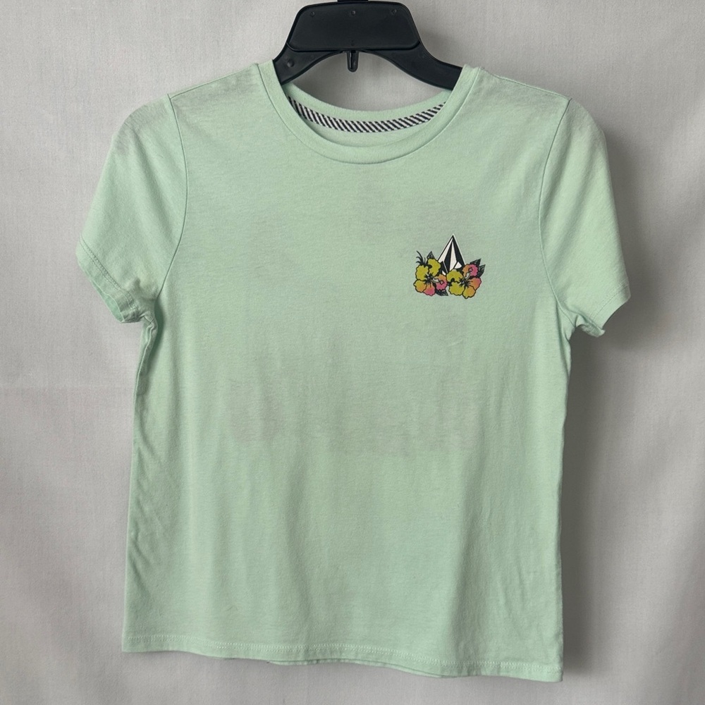 Volcom Girls Tropical Floral Stone Logo Graphic Tee Mint Green XL 14/16